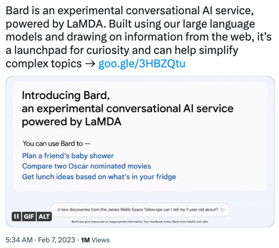 谷歌AI聊天机器人Bard出师不利导致股价大跌，投资者失望。 - EVLIT