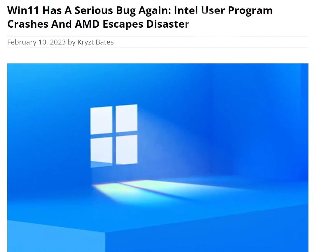 Win11又出严重bug：Intel用户程序崩溃 AMD躲过一劫 - EVLIT