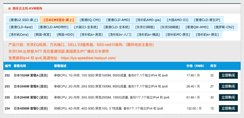 HostYun：日本东京VPS/1GB内存/10G硬盘/CMI,iij,软银,NTT 混合线路/1G带宽/500GB流量 仅18元/月 - EVLIT