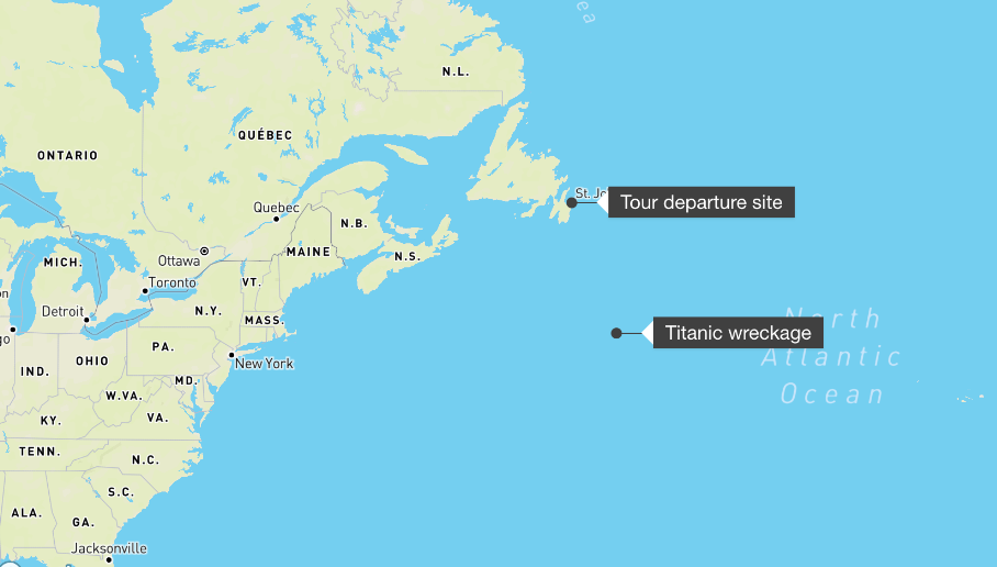 （泰坦尼克号残骸遗址位置，来源：MapBox）