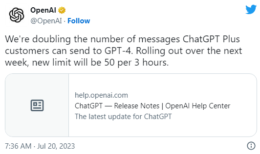 ChatGPT Plus上调GPT-4使用量限制 - EVLIT